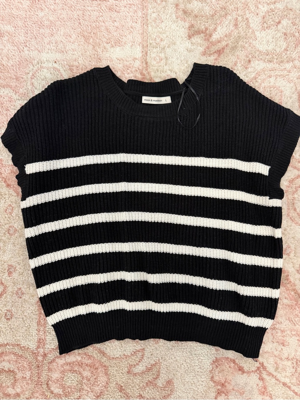 Moon & Madison Black and White Striped Knit Crewneck Sweater Vest